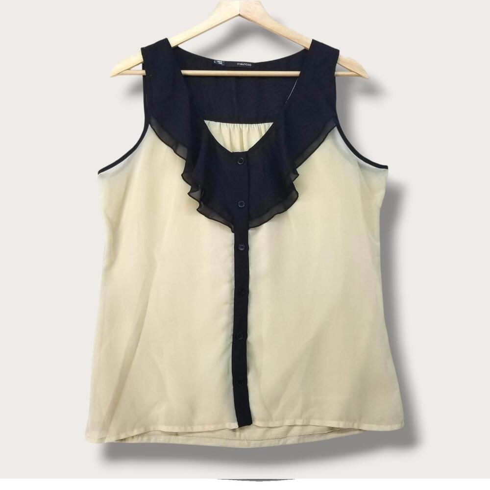 Maurices Ruffled Sleeveless Blouse Top Womens Large Cream Black Sheer